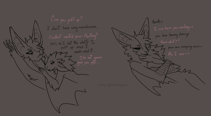 ambiguous/ambiguous ambiguous_gender anthro anthro_on_anthro big_ears bunny_(pantheggon) claws cuddling dialogue duo embrace english_text hand_on_chest heron_(pantheggon) hi_res line_art looking_down pantheggon smile text