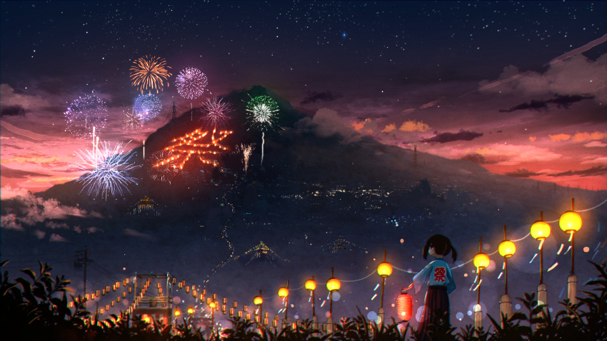 1girl black_hair cloud festival fireworks hakama hakama_skirt happi highres holding holding_lantern japanese_clothes lantern miko mountain night night_light night_sky original poniila1234 power_lines red_hakama scenery short_hair short_twintails skirt sky star_(sky) starry_sky sunset twintails