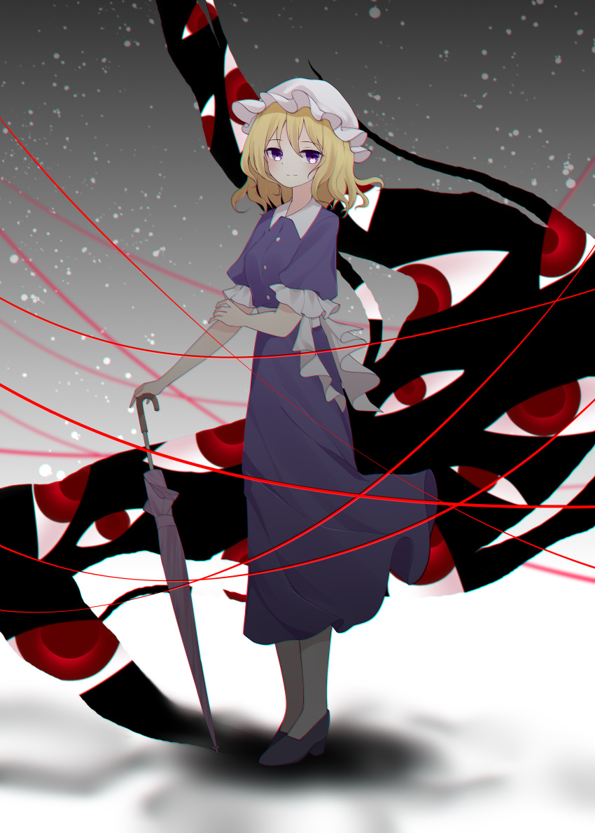1girl absurdres bangs blonde_hair breasts buttons closed_mouth collared_dress commentary_request dress frilled_sleeves frills full_body gap_(touhou) gradient gradient_background grey_background hat high_heels highres holding holding_own_arm holding_umbrella lian_mang light_smile looking_at_viewer maribel_hearn medium_breasts mob_cap purple_dress purple_eyes sash short_hair solo standing touhou umbrella white_headwear white_sash