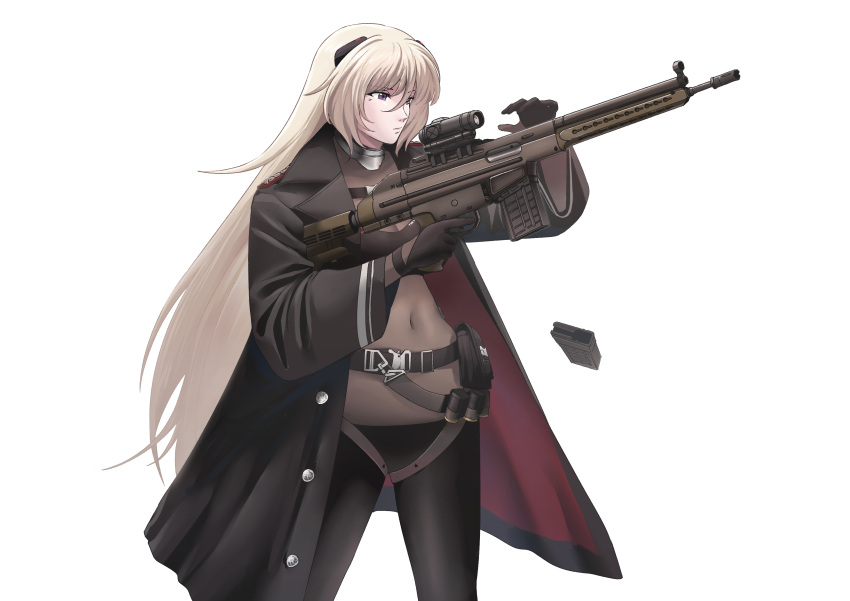 1girl absurdres alternate_costume ammunition_belt assault_rifle bangs battle_rifle belt black_belt black_coat black_pants blonde_hair bodystocking breasts closed_mouth coat commission covered_navel feet_out_of_frame g3_(girls'_frontline) girls'_frontline gun h&amp;k_g3 hair_ornament hairclip harness highres holding holding_gun holding_weapon lips long_hair looking_at_viewer magazine_(weapon) military_coat open_clothes open_coat pants pixiv_request purple_eyes redaiba rifle solo standing weapon white_background wide_sleeves