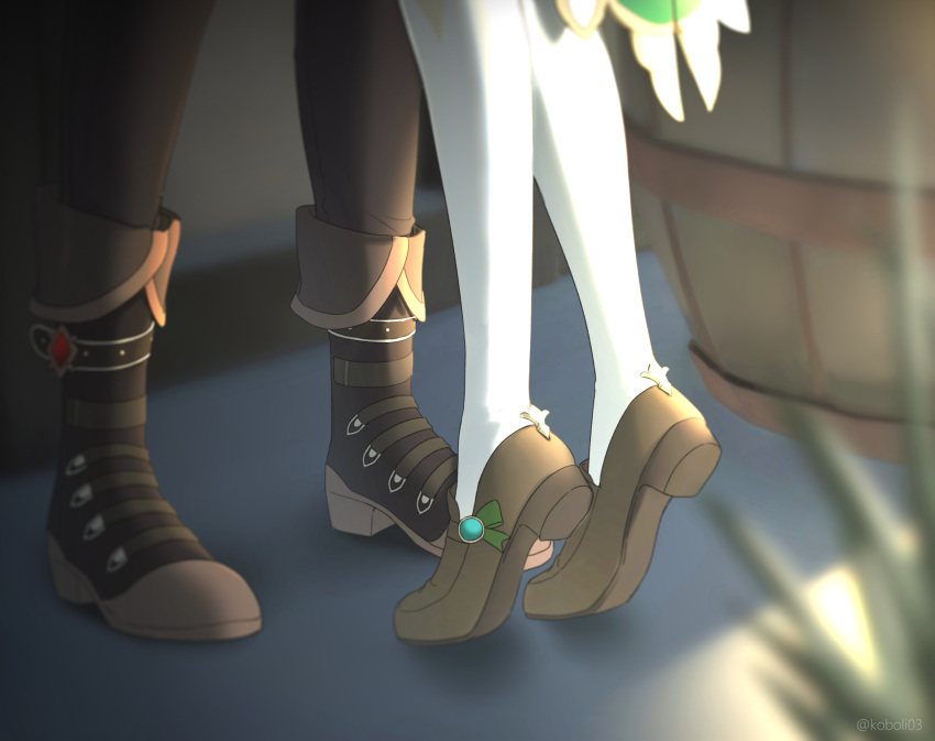 black_pants boots cape diluc_(genshin_impact) feet foot_focus genshin_impact highres kiss kkopoli pants pantyhose shoes tiptoe_kiss tiptoes venti_(genshin_impact) white_pantyhose yaoi