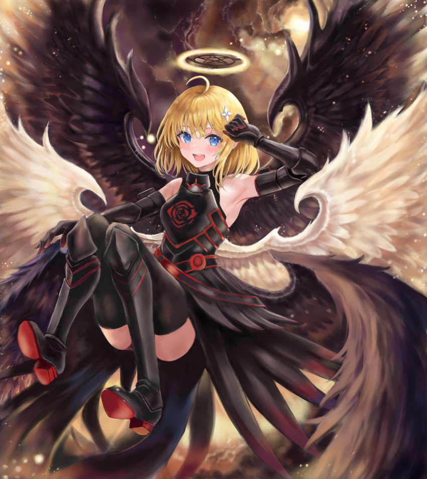 1girl absurdres ahoge aimu_(angry9565) angel angel_wings armor armpits ass bare_shoulders blonde_hair blue_eyes breasts cosplay dress floral_print flying full_body gloves halo hand_up high_heels highres itai_no_wa_iya_nano_de_bougyoryoku_ni_kyokufuri_shitai_to_omoimasu looking_at_viewer maple_(bofuri) medium_hair multiple_wings open_mouth pentagram rose_print smile solo wings zettai_ryouiki