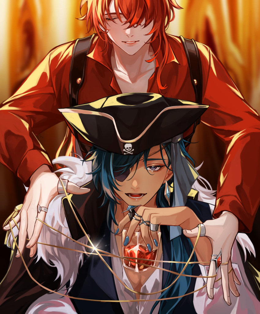 2boys absurdres alcohol bangs black_headwear black_vest blue_eyes blue_hair blue_nails blue_ribbon blurry blurry_background brown_cape cape closed_eyes collarbone collared_cape collared_shirt commentary crescent_(cgcrescent) cup dark-skinned_male dark_skin diluc_(genshin_impact) drink earrings english_commentary eyelashes eyepatch fingernails fur-trimmed_cape fur_trim genshin_impact hair_over_one_eye hand_up hat highres holding holding_cup jewelry kaeya_(genshin_impact) long_hair long_sleeves male_focus multiple_boys multiple_rings nail_polish one_eye_covered open_mouth parted_bangs parted_lips pirate_hat red_hair red_shirt ribbon ring shirt sidelocks single_earring sitting smile standing star-shaped_pupils star_(symbol) string symbol-shaped_pupils teeth thumb_ring tongue vest white_shirt