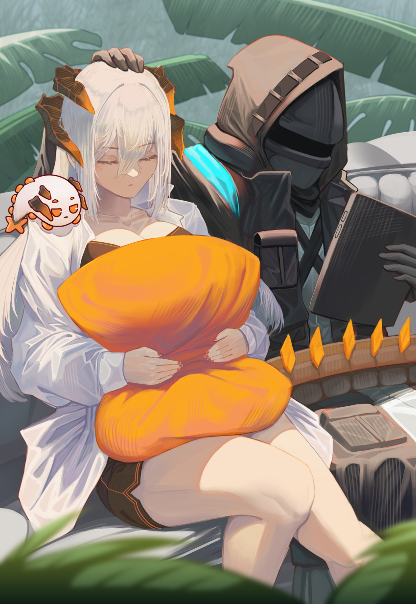 1girl 1other absurdres alternate_costume ambiguous_gender arknights black_gloves black_jacket black_shorts breasts closed_eyes collarbone creature doctor_(arknights) dragon_horns dragon_tail english_commentary gloves hair_between_eyes headpat highres holding holding_pillow holding_tablet_pc hood hooded_jacket horns jacket long_hair najashi pillow saria_(arknights) shirt shorts sitting sleeping tablet_pc tail white_hair white_shirt