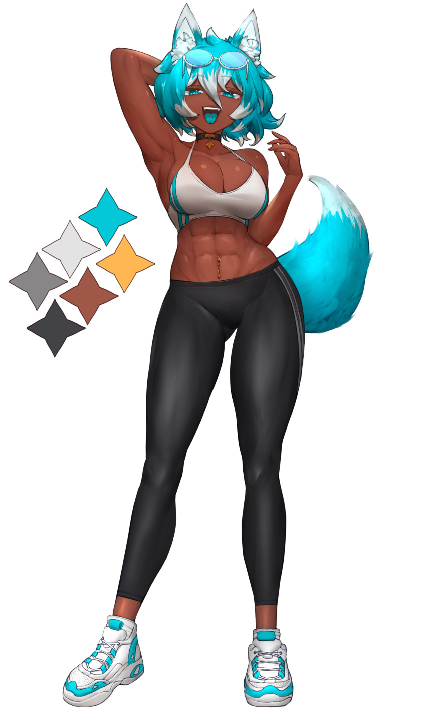 1girl abs absurdres animal_ears arm_behind_head arm_up black_pants blue-tinted_eyewear blue_eyes blue_footwear blue_hair blue_tongue braco breasts choker cleavage collarbone colored_tongue commission commissioner_upload dark-skinned_female dark_skin dog_ears dog_girl dog_tail eyewear_on_head forked_tongue full_body glasses hair_between_eyes highres large_breasts lips looking_at_viewer messy_hair multicolored_footwear multicolored_hair muscular muscular_female navel navel_piercing open_mouth original pants piercing reference_sheet round_eyewear shoes short_hair smile sneakers solo sports_bra tail tall_female tinted_eyewear tongue tongue_out tongue_piercing very_dark_skin white-framed_eyewear white_footwear white_hair white_sports_bra yoga_pants