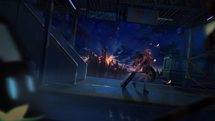 1girl absurdres black_footwear brown_hair brown_jacket building chinese_commentary city commentary_request commission from_side genshin_impact ground_vehicle highres holding holding_luggage hu_tao_(genshin_impact) instrument_case jacket kneehighs long_hair long_sleeves luggage lzbt_kpv night night_sky outdoors red_eyes red_scarf scarf scenery shoes sky skyscraper socks solo suitcase symbol-shaped_pupils train train_station walking white_socks wide_shot