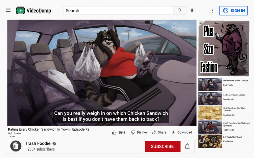 2022 advertisement anthro belly black_hair breasts car clothed clothing countershading english_text facial_markings fast_food female food fur grey_body grey_fur hair head_markings holding_bag in_car inside looking_at_viewer mammal markings mask_(marking) overweight overweight_anthro overweight_female parking_lot parody plastic_bag ponytail procyonid raccoon red_clothing red_shirt red_t-shirt red_topwear review seat shaded shirt silverfang725 sitting solo steering_wheel striped_body striped_fur stripes subtitled t-shirt text topwear track_pants vehicle weight_gain white_body white_countershading youtube