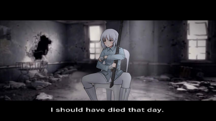 1girl absurdres ace_combat ace_combat_zero aila_paivikki_linnamaa bandaged_hand bandages blue_jacket brown_eyes chair epaulettes grey_hair gun highres holding holding_weapon indoors jacket long_sleeves luminous_witches m1saki_1 machine_gun mg42 pants parody short_hair sitting solo strike_witches weapon white_footwear white_pants world_witches_series