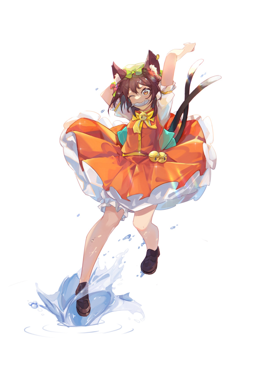 1girl absurdres animal_ear_fluff animal_ears arms_up back_bow bell black_footwear bloomers bow bowtie brown_eyes brown_hair cat_ears cat_girl chen commentary earrings fish_in_mouth full_body green_headwear hat highres jewelry looking_at_viewer medium_hair mob_cap mouth_hold multiple_tails one_eye_closed petticoat red_skirt red_vest shirt shoes short_sleeves simple_background single_earring skirt solo splashing tail touhou two_tails underwear vest water white_background white_shirt yellow_bow yellow_bowtie yongzhe_mei_hong