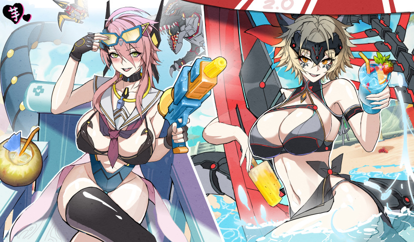 2girls :d absurdres adjusting_eyewear alternate_costume bangs bare_shoulders beach beach_chair beach_umbrella bikini black_gloves black_thighhighs blonde_hair blue_sky blush breasts center_opening chinese_commentary cleavage cloud coconut collar collarbone commentary_request cowboy_shot crossed_legs cup day dinomorphia_kentregina dinomorphia_rexterm dinomorphia_stealthbergia dinomorphia_therizia dinosaur drinking_straw duel_monster eyewear_on_head fingerless_gloves food forehead_protector gloves grey_bikini groin hair_between_eyes hand_up headgear highres holding holding_cup holding_food holding_water_gun horns large_breasts long_hair looking_at_viewer mecha mechanical_horns mechanical_tail midriff multiple_girls navel neckerchief one-piece_swimsuit open_mouth outdoors pink_hair popsicle purple_neckerchief reptile_girl robot sailor_collar sarong see-through_sarong shadow short_hair short_hair_with_long_locks sidelocks single_thighhigh sitting sky slit_pupils smile sunglasses swimsuit tail teeth thighhighs umbrella upper_teeth water_gun weapon whistle whistle_around_neck white_sailor_collar yellow_eyes yu-gi-oh! yutou_yutou_yu
