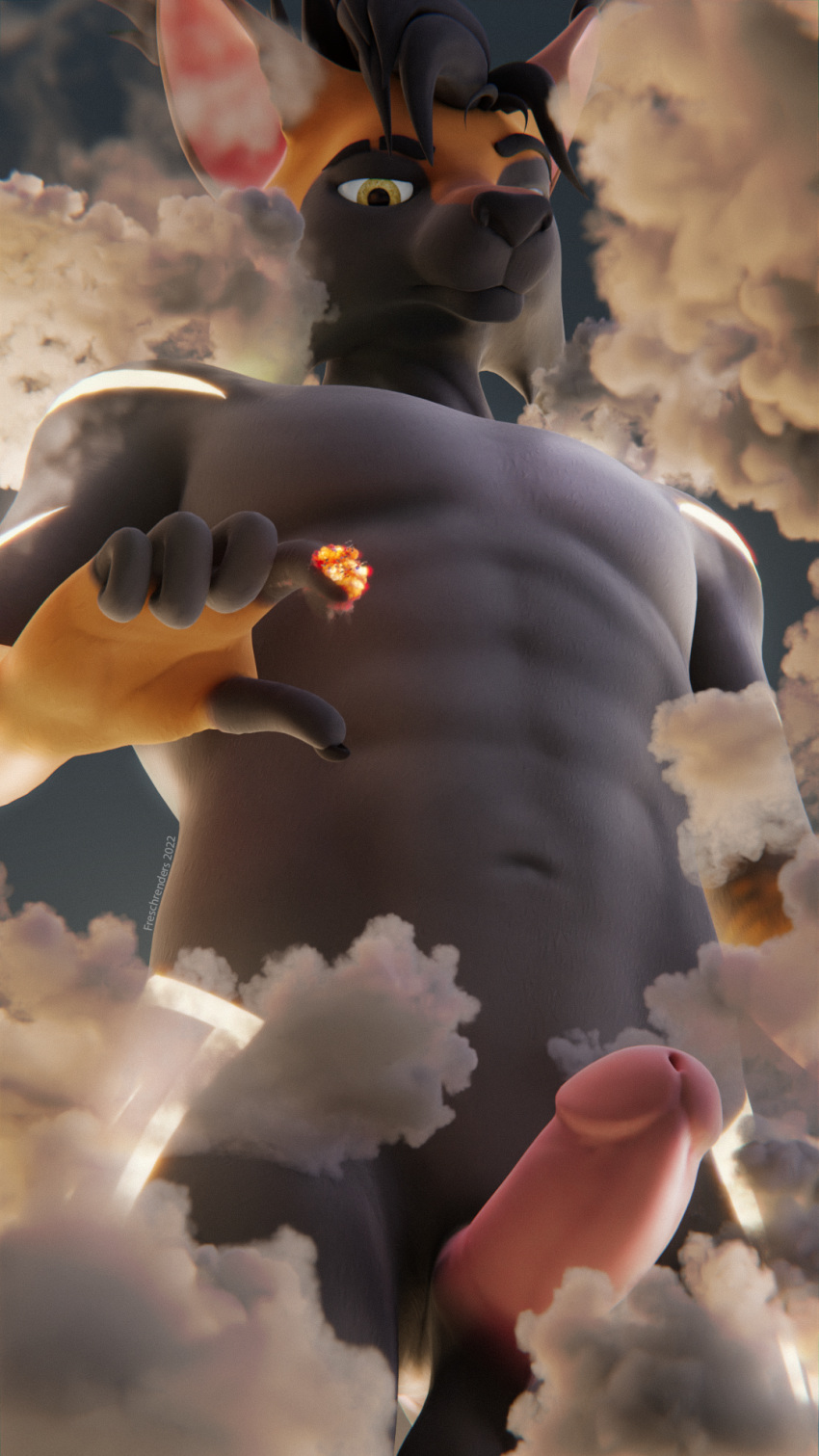 2022 3d_(artwork) 5_fingers anthro artist_name balls cloud digital_media_(artwork) explosion felid feline fingers freschrenders genitals hi_res legacy_(freschrenders) lynx macro male mammal navel penis sky solo unamused year