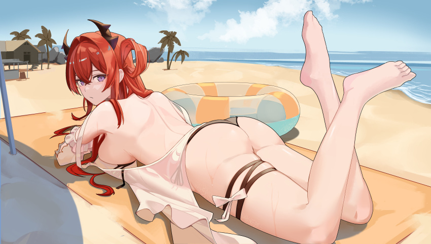 1girl absurdres arknights ass back bare_shoulders barefoot beach beach_umbrella bikini black_bikini black_ribbon bow breasts closed_mouth day detached_sleeves feet_up from_behind hair_rings highres horizon horns innertube large_breasts long_hair long_sleeves looking_at_viewer looking_back lying ocean official_alternate_costume on_stomach outdoors pomerui purple_eyes red_hair ribbon see-through side-tie_bikini sideboob skindentation solo surtr_(arknights) surtr_(colorful_wonderland)_(arknights) swimsuit the_pose thigh_strap umbrella untied untied_bikini water white_bow