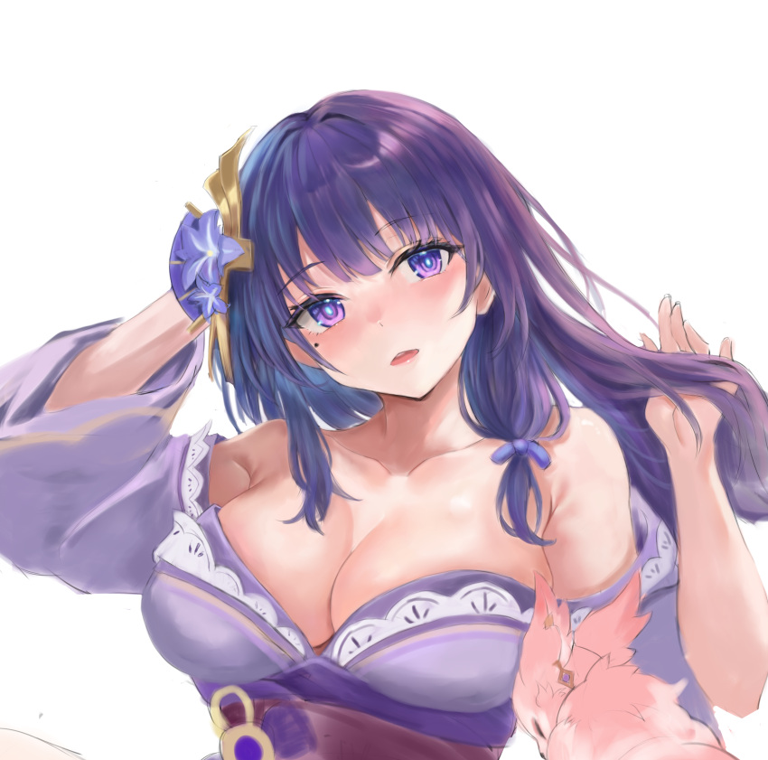 absurdres aimu_(angry9565) arm_behind_head armpits bangs bare_shoulders blunt_bangs breasts cleavage collarbone dress flower genshin_impact hair_flower hair_ornament hand_in_own_hair hands_up highres japanese_clothes kimono large_breasts long_hair mole mole_under_eye obi off-shoulder_dress off_shoulder open_mouth purple_eyes purple_hair raiden_shogun sash sidelocks smile unfinished upper_body