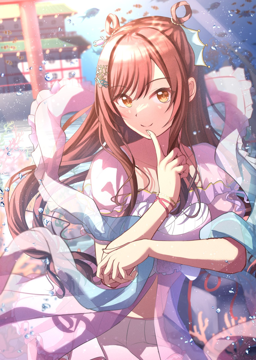 1girl air_bubble alternate_hairstyle bangs blush bracelet bubble citrusmikan closed_mouth collarbone coral coral_hair_ornament cosplay finger_to_mouth fish hagoromo hair_ornament hair_rings hand_up highres idolmaster idolmaster_shiny_colors index_finger_raised jewelry long_hair looking_at_viewer official_alternate_costume orihime orihime_(cosplay) osaki_amana pink_skirt pleated_skirt puffy_short_sleeves puffy_sleeves red_hair shawl short_sleeves skirt smile solo submerged swept_bangs underwater water yellow_eyes