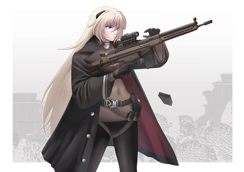 1girl absurdres alternate_costume ammunition_belt assault_rifle bangs battle_rifle belt black_belt black_coat black_pants blonde_hair bodystocking breasts closed_mouth coat commission covered_navel feet_out_of_frame g3_(girls'_frontline) girls'_frontline gun h&amp;k_g3 hair_ornament hairclip harness highres holding holding_gun holding_weapon lips long_hair looking_at_viewer magazine_(weapon) military_coat open_clothes open_coat pants pixiv_request purple_eyes redaiba rifle simple_background solo standing weapon wide_sleeves