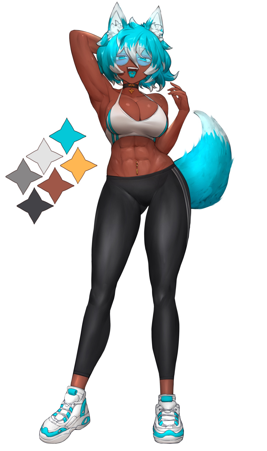 1girl abs absurdres animal_ears arm_behind_head arm_up black_pants blue-tinted_eyewear blue_eyes blue_footwear blue_hair blue_tongue braco breasts choker cleavage collarbone colored_tongue commission commissioner_upload dark-skinned_female dark_skin dog_ears dog_girl dog_tail forked_tongue full_body glasses hair_between_eyes highres large_breasts lips looking_at_viewer messy_hair multicolored_footwear multicolored_hair muscular muscular_female navel navel_piercing non-web_source open_mouth original pants piercing reference_sheet round_eyewear shoes short_hair smile sneakers solo sports_bra tail tall_female tinted_eyewear tongue tongue_out tongue_piercing very_dark_skin white-framed_eyewear white_footwear white_hair white_sports_bra yoga_pants