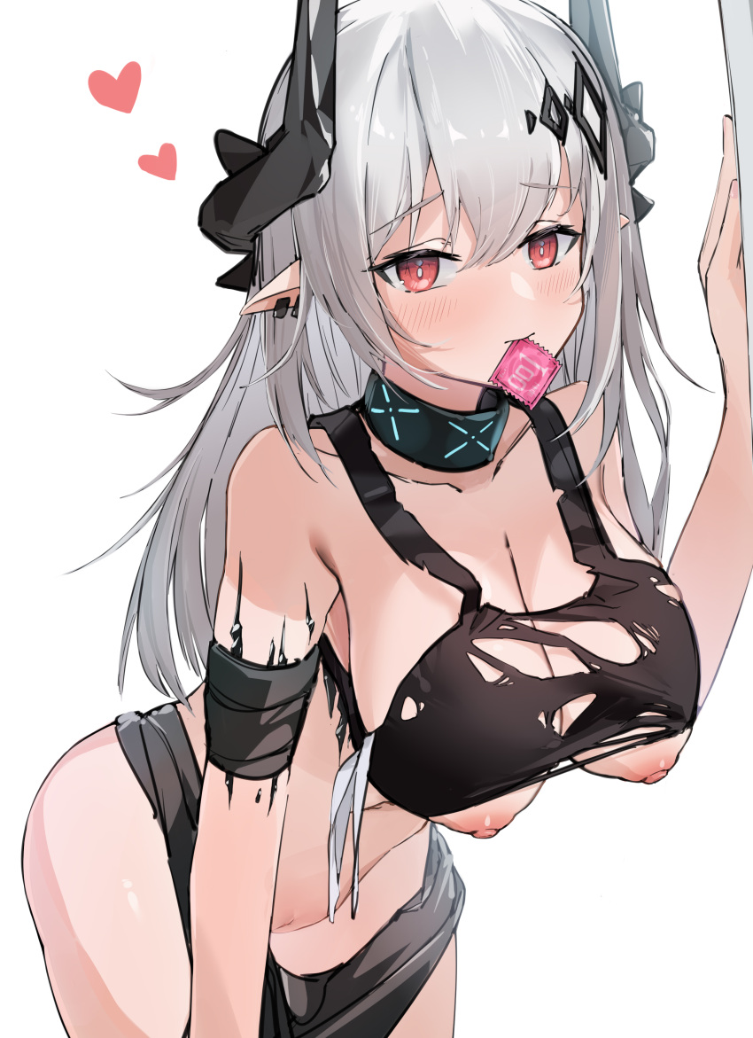 1girl absurdres arknights arusu_mie_mie_zi bangs bare_shoulders bikini bikini_bottom_only black_bikini blush breasts bright_pupils cleavage closed_eyes collarbone condom condom_in_mouth condom_wrapper cowboy_shot grey_hair heart highres horns infection_monitor_(arknights) large_breasts long_hair looking_back mouth_hold mudrock_(arknights) mudrock_(silent_night)_(arknights) navel nipple_slip nipples oripathy_lesion_(arknights) pointy_ears pulled_by_self red_eyes simple_background smile swimsuit torn_bikini white_background