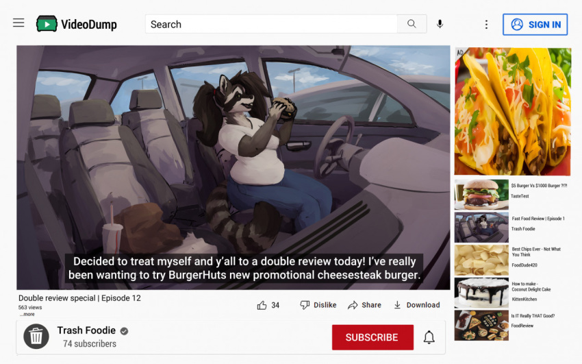 2022 advertisement anthro black_hair bottomwear breasts burger car clothed clothing container countershading cup denim denim_clothing disposable_cup english_text facial_markings fast_food female food fur grey_body grey_fur hair head_markings holding_food holding_object in_car inside jeans looking_at_viewer mammal markings mask_(marking) pants paper_bag parking_lot parody ponytail procyonid raccoon review seat shaded shirt silverfang725 sitting slightly_chubby solo steering_wheel striped_body striped_fur stripes subtitled t-shirt taco text topwear vehicle weight_gain white_body white_clothing white_countershading white_shirt white_t-shirt white_topwear youtube