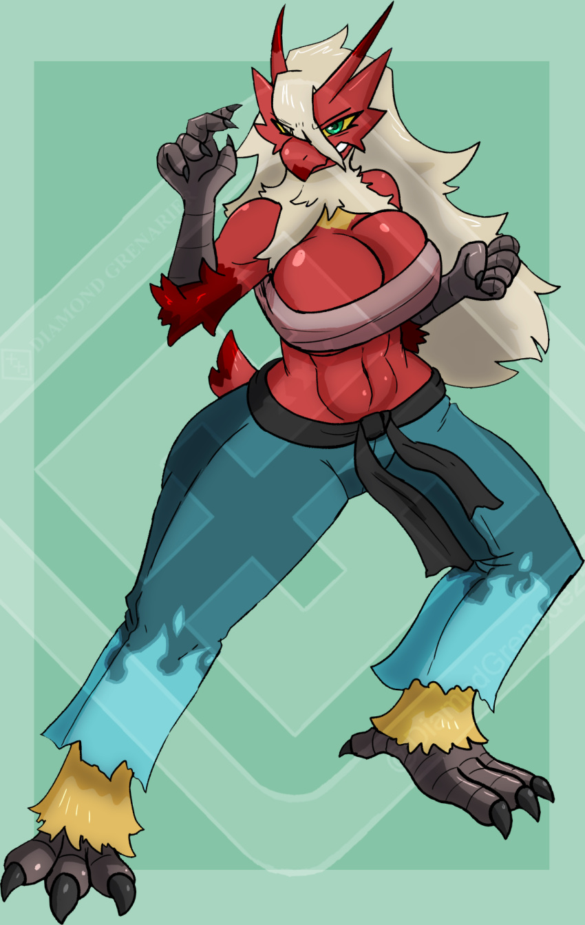 anthro bandaged_chest big_breasts blaziken blonde_hair breasts claws diamond_grenadier female fighting_pose flame_pattern hair hi_res karate_belt karate_pants nintendo pok&eacute;mon pok&eacute;mon_(species) pok&eacute;morph pose red_body solo solo_focus talon_hands talons video_games