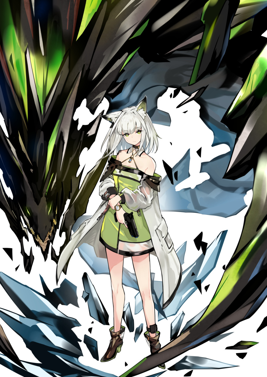 1girl absurdres animal_ear_fluff animal_ears arknights bare_shoulders black_footwear boots closed_mouth commentary_request dress green_dress green_eyes gun handgun high_heel_boots high_heels highres holding holding_gun holding_weapon jacket kal'tsit_(arknights) kazana_(sakuto) long_sleeves looking_at_viewer mon3tr_(arknights) off-shoulder_jacket off_shoulder puffy_long_sleeves puffy_sleeves weapon white_background white_hair white_jacket