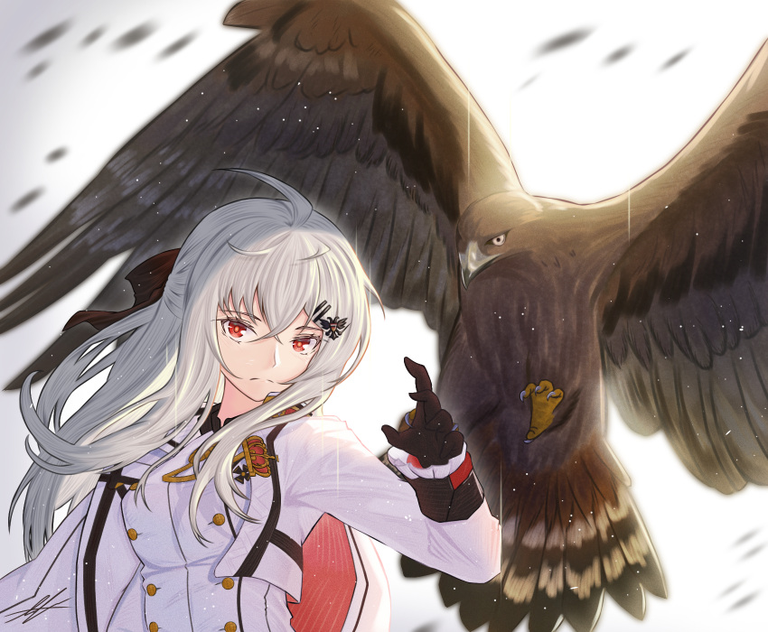 1girl animal_on_arm artist_name bangs bird bird_on_arm black_gloves breasts cape closed_mouth eagle girls'_frontline gloves hair_ornament hairclip highres iws_2000_(girls'_frontline) jacket long_hair long_sleeves looking_at_viewer red_eyes simple_background solo uniform unitaka upper_body white_cape white_hair white_jacket white_uniform