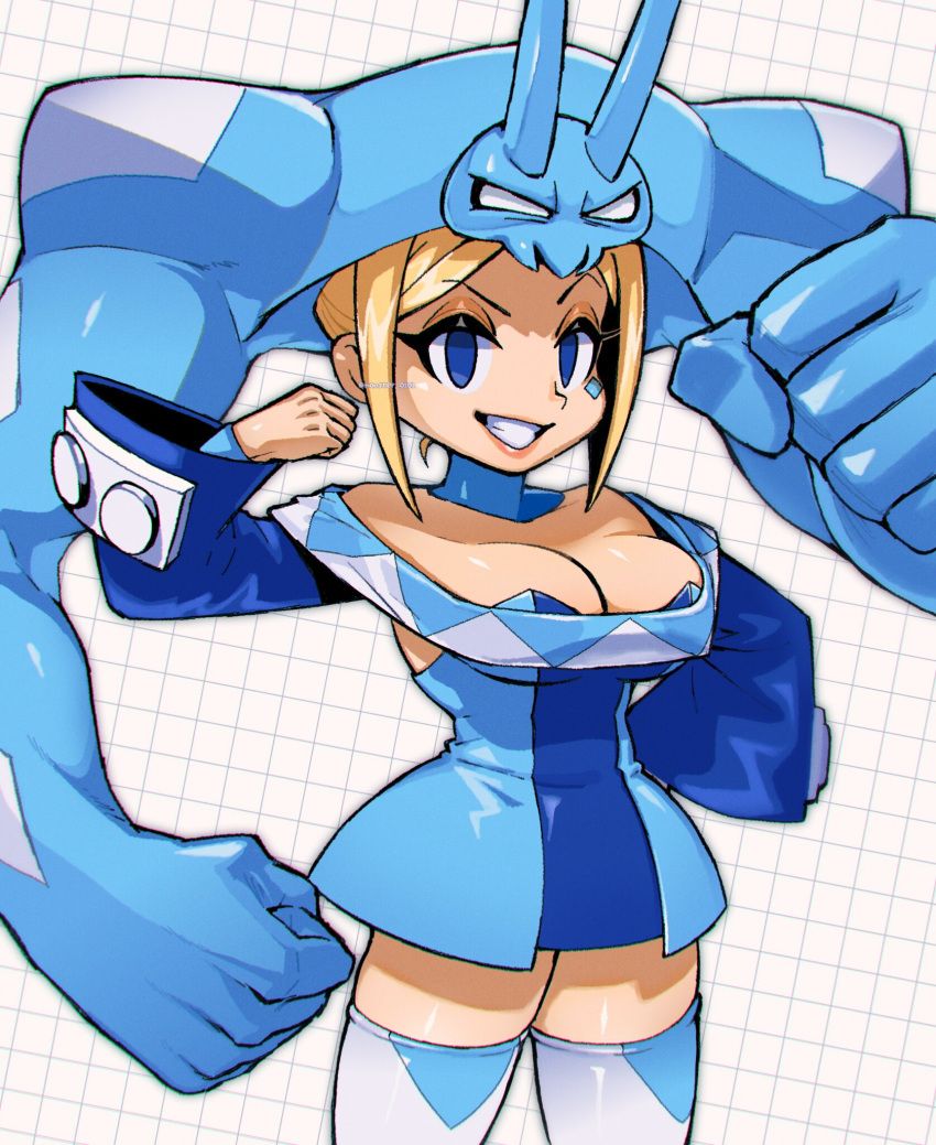 1girl alternate_color bare_shoulders blonde_hair blue_eyes boots breasts cerebella_(skullgirls) cleavage collarbone grin hand_on_hip highres large_breasts lips long_sleeves looking_at_viewer nemuken parted_lips short_hair sidelocks skullgirls smile solo teeth thigh_boots twitter_username vice-versa_(skullgirls) white_footwear