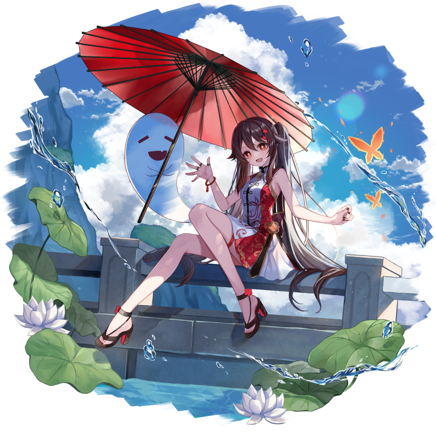 1girl :d absurdres alternate_costume armpits bangs bare_arms bare_legs black_footwear black_nails blue_flower blue_sky blush boo_tao_(genshin_impact) bracelet breasts bridge brown_hair bug butterfly chinese_clothes cloud cloudy_sky collared_dress commentary_request day dress eyebrows_hidden_by_hair flower flower-shaped_pupils full_body genshin_impact ghost hair_between_eyes hair_flower hair_flowing_over hair_ornament hairclip hand_up high_collar high_heels highres hu_tao_(genshin_impact) jewelry knee_up legs lens_flare lily_pad long_hair looking_at_viewer mountain nail_polish no_headwear non-circular_lens_flare on_railing open_hand open_mouth orange_butterfly ougi_(u_to4410) outdoors parasol pearl_bracelet plant_print plant_request railing red_dress red_eyes red_flower ring sidelighting sidelocks sitting sky sleeveless sleeveless_dress small_breasts smile solo strappy_heels symbol-shaped_pupils thigh_strap toeless_footwear toenail_polish toenails tongue twintails two-tone_dress umbrella very_long_hair vision_(genshin_impact) water waving white_dress