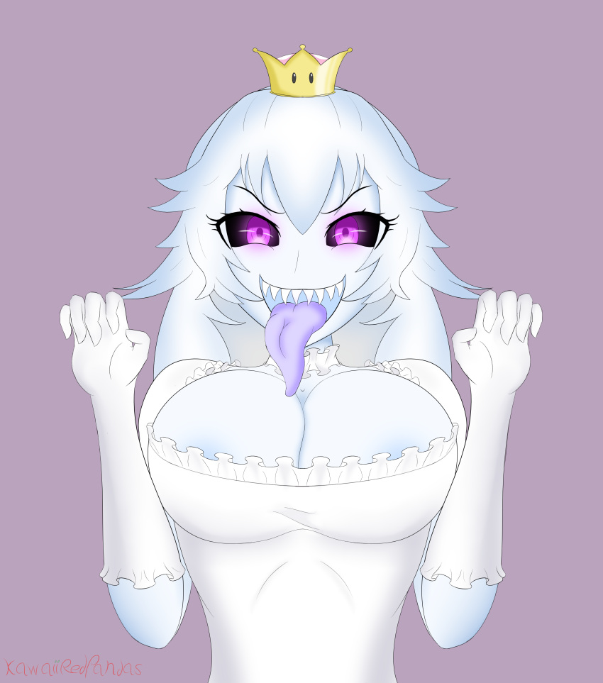 absurd_res big_breasts black_sclera boo_(mario) boosette breasts crown female ghost hair hi_res humanoid kawaiiredpandas long_tongue mario_bros nintendo not_furry purple_eyes purple_tongue sharp_teeth solo spirit teeth tongue video_games white_body white_hair white_skin