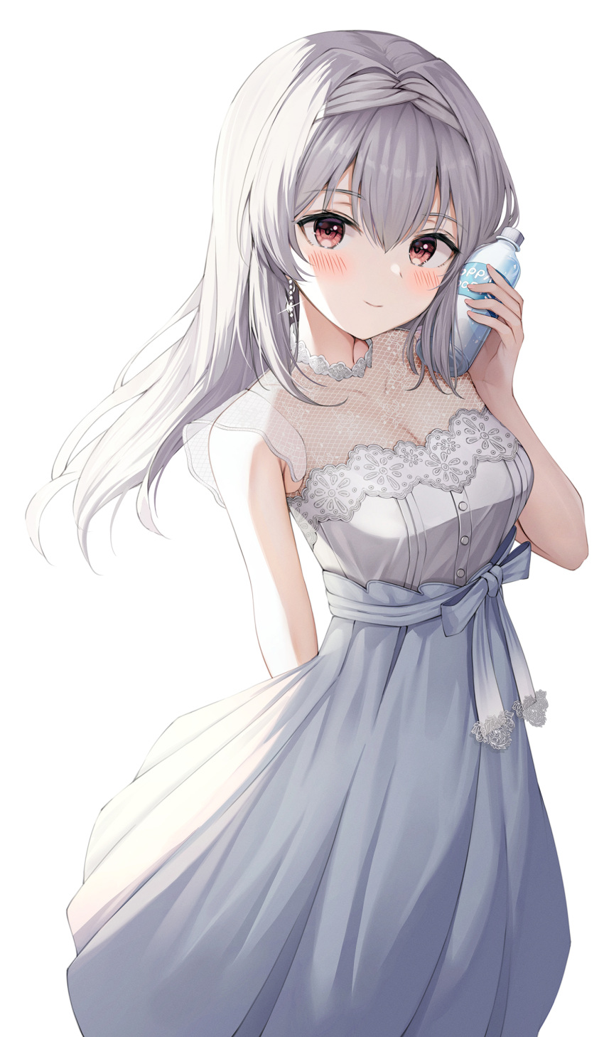 1girl absurdres arm_behind_back armpit_crease bangs blush bottle buttons collarbone dress feet_out_of_frame frilled_dress frills grey_hair grey_ribbon grey_skirt hair_between_eyes hair_intakes highres holding holding_bottle idoly_pride light_smile long_hair looking_at_viewer pluto_(97dwnstjq) pocari_sweat red_eyes ribbon shirt simple_background skirt solo tendou_rui white_background white_shirt