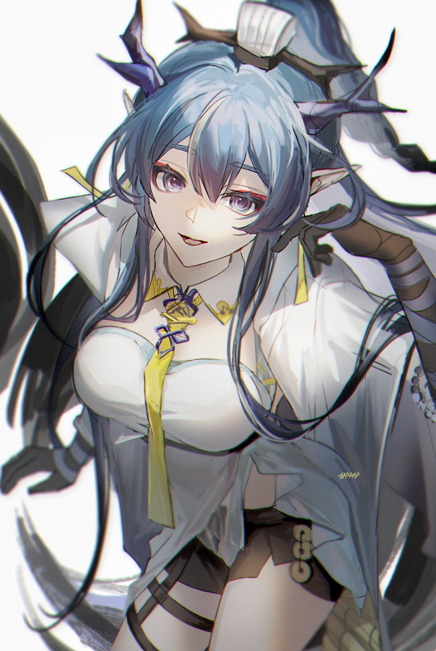 1girl arknights arm_tattoo arm_wrap black_shorts black_skin blue_eyes blue_hair braid braided_ponytail breasts clear_(4ff44f) coin collar colored_skin cowboy_shot detached_collar dragon_girl dragon_horns earrings hair_between_eyes hand_up highres holed_coin horns jewelry ling_(arknights) long_hair looking_at_viewer medium_breasts necktie open_mouth pointy_ears shirt short_shorts shorts sidelocks simple_background solo tassel tassel_earrings tattoo white_background white_collar white_shirt yellow_necktie