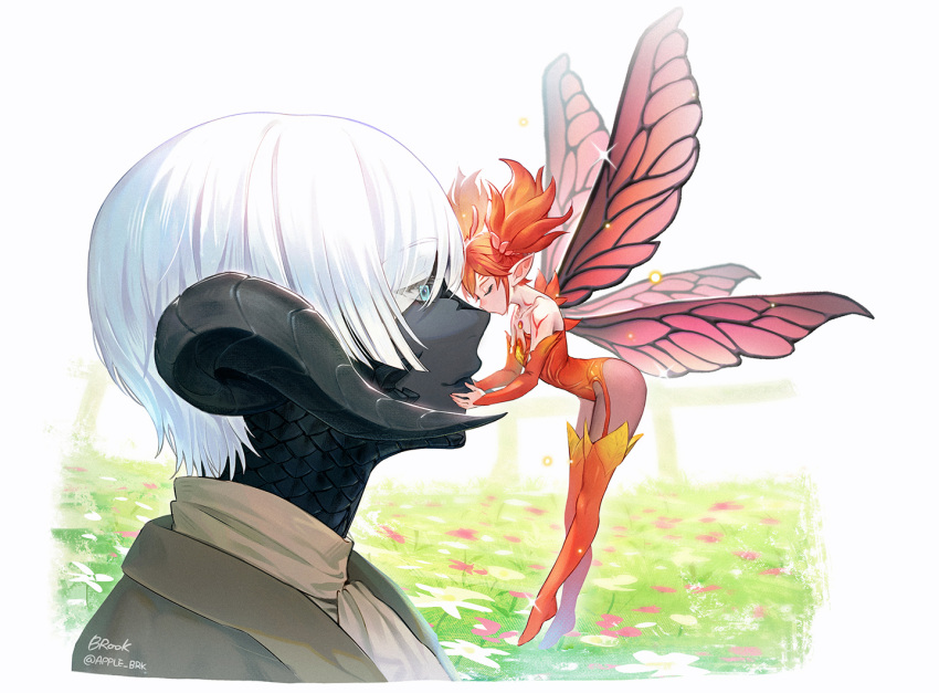 1girl 1other apple_brk au_ra avatar_(ff14) black_skin colored_skin detached_sleeves dragon_horns fairy fairy_wings feo_ul final_fantasy final_fantasy_xiv horns kiss kissing_nose minigirl red_hair short_hair size_difference smile twintails white_hair wings