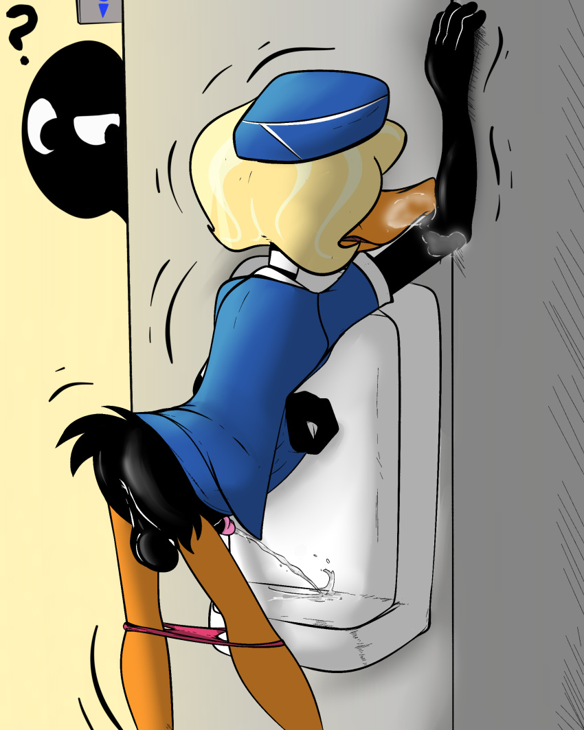 absurd_res anatid anseriform anthro avian being_watched bird bodily_fluids clothed clothing clothing_lift crossdressing daffy_duck desperation duck flaccid genital_fluids genitals hi_res illegaleel looking_at_another looney_tunes male panties panties_down partially_clothed peeing penis perineum question_mark relieved shaking solo toilet_use underwear underwear_down urinal urine urine_stream warner_brothers