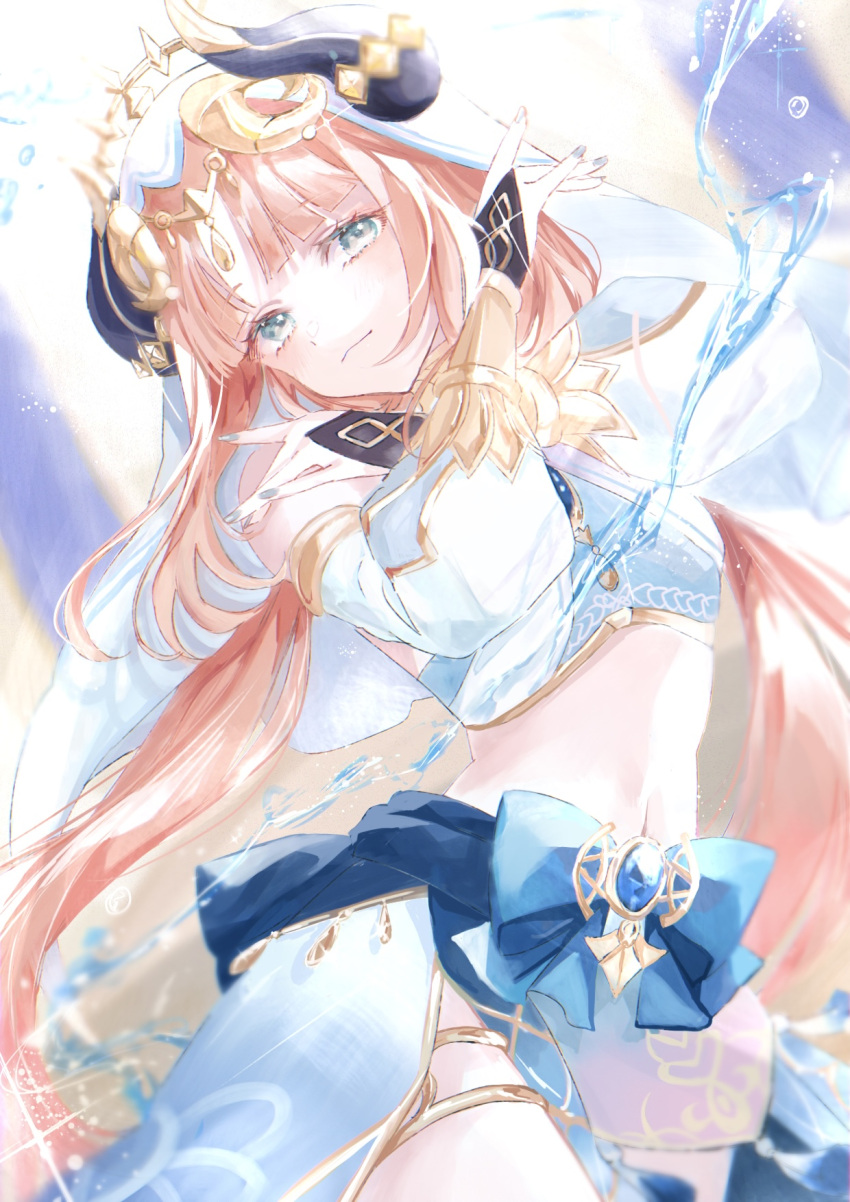 1girl arabian_clothes asa_(1asa-0-asa1) bangs bare_shoulders blue_eyes blue_veil breasts crop_top dancer detached_sleeves forehead_jewel genshin_impact glint hands_up harem_outfit highres horns jewelry long_hair long_sleeves looking_at_viewer medium_breasts midriff navel nilou_(genshin_impact) red_hair sidelocks solo stomach twintails upper_body veil very_long_hair vision_(genshin_impact) water white_headdress x_arms