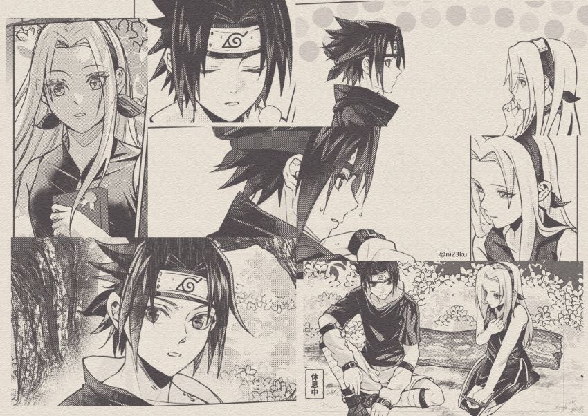 1boy 1girl absurdres collage forehead_protector forest greyscale hairband haruno_sakura headband highres konohagakure_symbol log monochrome naruto_(series) nature niku_(ni23ku) sepia translation_request tree uchiha_sasuke