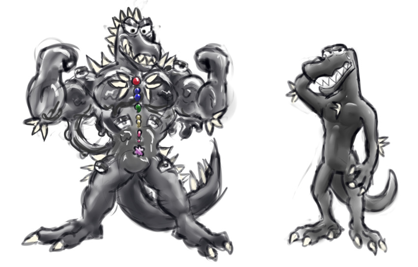 alphabet alphabet_(mike_salcedo) cartoon_eyes cobaltcerberus colored_sketch f_(mike_salcedo) fangs feet goo_creature hi_res humanoid male monster not_furry pecs scalie simple_background sketch solo teeth teeth_showing toes transformation