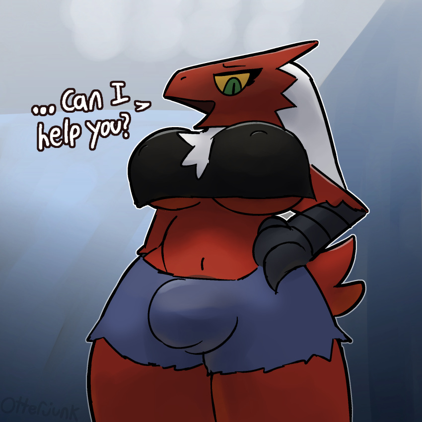 2022 anthro avian beak blaziken breasts bulge carol_(otterjunk) comic english_text first_person_view gynomorph hi_res intersex low-angle_view nintendo nipples otterjunk pok&eacute;mon pok&eacute;mon_(species) solo text under_boob video_games worm's-eye_view