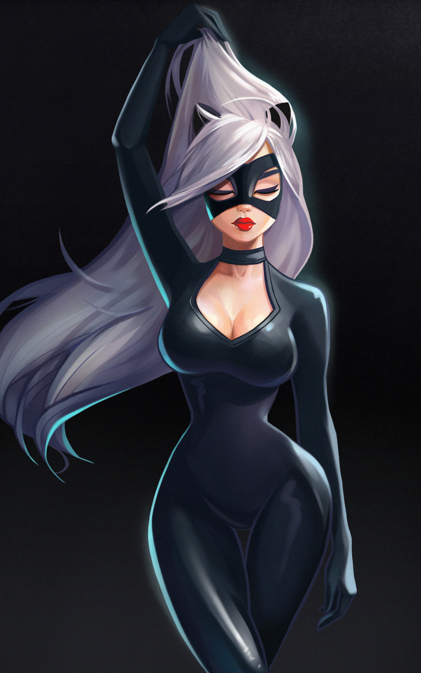 1girl absurdres animal_ears bangs black_background black_bodysuit black_cat black_choker bodysuit breasts cat cat_ears cat_girl catwoman choker cleavage closed_eyes closed_mouth collarbone commentary_request cowboy_shot fake_animal_ears fantasy felicia_hardy grey_hair hair_pulled_back highres long_hair marvel mask medium_breasts multicolored_hair parted_bangs pinup_(style) red_lips rinmaho simple_background solo thigh_gap thighs toon_(style) two-tone_hair very_long_hair white_hair