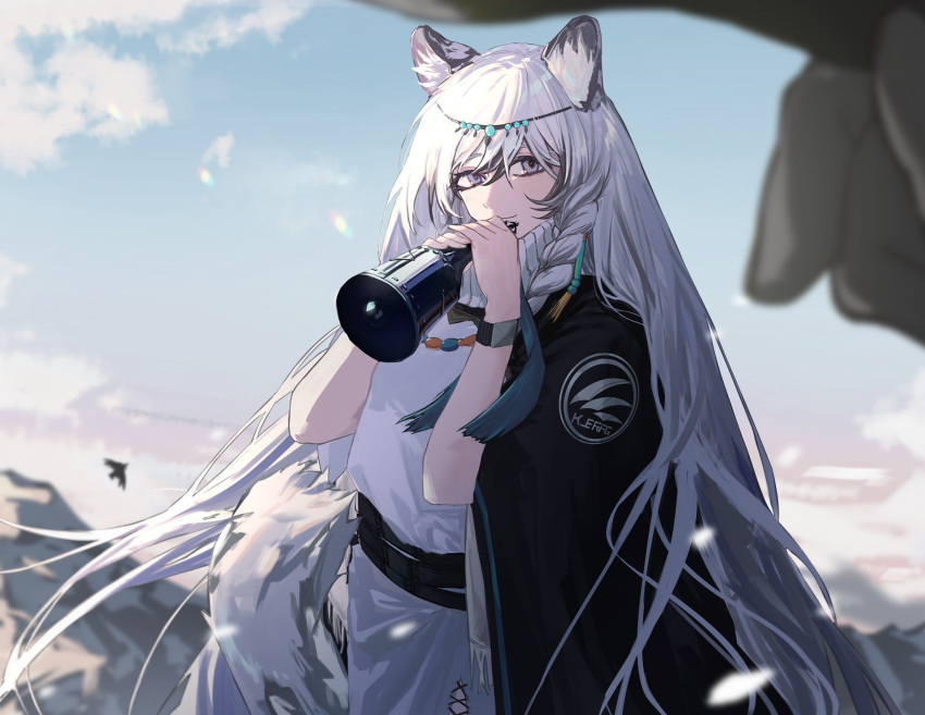 1girl animal_ears arknights bead_necklace beads bell bird black_coat blue_sky braid circlet closed_mouth cloud cloudy_sky coat coat_on_shoulders commentary cowboy_shot day earrings eyelashes grey_eyes grey_hair highres hjm_matsukasa holding holding_bell jewelry leopard_ears leopard_tail long_hair looking_at_viewer mountain multicolored_hair necklace outdoors pov pramanix_(arknights) sky smile solo_focus standing sweater tail tassel tassel_earrings turtleneck turtleneck_sweater twin_braids two-tone_hair very_long_hair white_hair white_sweater