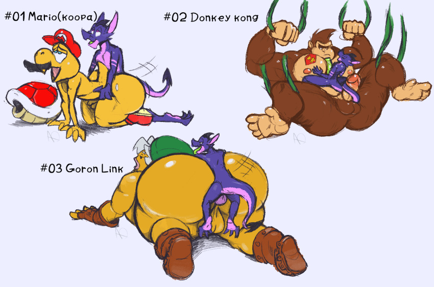 alfa_quinto_(artist) alfa_quinto_(character) ape balls big_butt butt clothing crossover doggystyle donkey_kong_(character) donkey_kong_(series) dragon facial_hair from_behind_position genitals gorilla goron goron_link haplorhine hat headgear headwear hi_res koopa koopa_troopa majora's_mask male male/male mammal mario_bros mustache necktie nintendo pecjob pecs penis primate scalie sex super_smash_bros. the_legend_of_zelda video_games