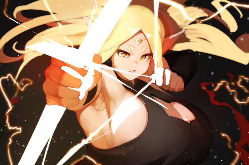 1girl armpits blonde_hair bow_(weapon) breasts cleavage detached_sleeves electricity highres long_hair naze open_mouth original pointy_ears readying_weapon solo tagme upper_body weapon