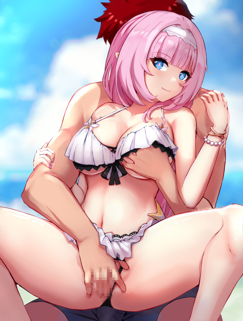 1boy 1girl absurdres bangs bare_legs bare_shoulders beach bead_bracelet beads bikini bikini_aside blue_eyes blunt_bangs bracelet breast_grab breasts censored cleavage closed_mouth clothing_aside collarbone elf elysia_(honkai_impact) elysia_(miss_pink_elf) faceless faceless_male fingering frilled_bikini frills grabbing hairband highres honkai_(series) honkai_impact_3rd jewelry lace-trimmed_bikini lace_trim large_breasts long_hair looking_at_viewer mosaic_censoring navel pink_hair pink_nails pink_pupils pointy_ears sitting sky slash-ex smile spread_legs swimsuit thick_eyelashes underboob