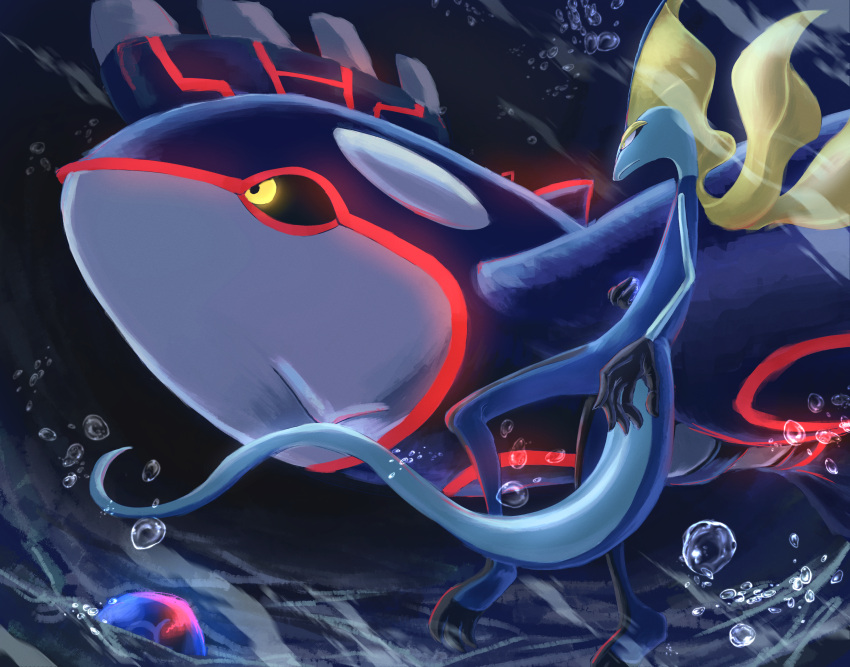 black_sclera closed_mouth colored_sclera commentary_request glowing glowing_eyes glowing_markings highres inteleon ka-neito kyogre looking_up no_humans ocean pokemon pokemon_(creature) water yellow_eyes