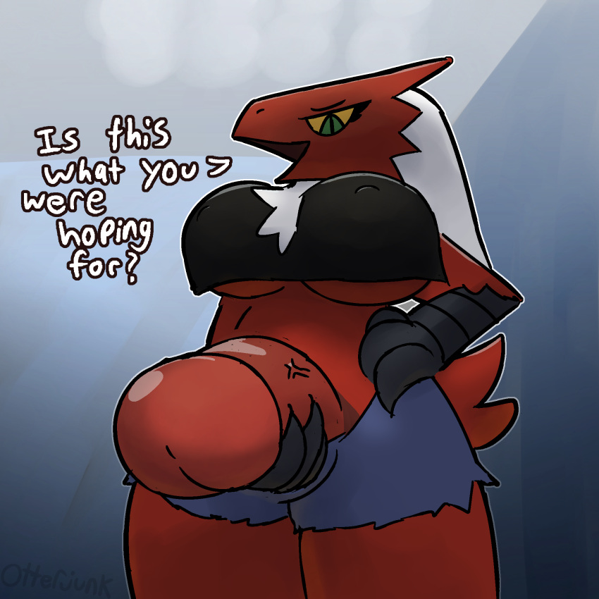 2022 anthro avian beak blaziken breasts carol_(otterjunk) comic english_text first_person_view foreshortening genitals gynomorph hi_res intersex low-angle_view nintendo nipples otterjunk penis pok&eacute;mon pok&eacute;mon_(species) solo text video_games worm's-eye_view