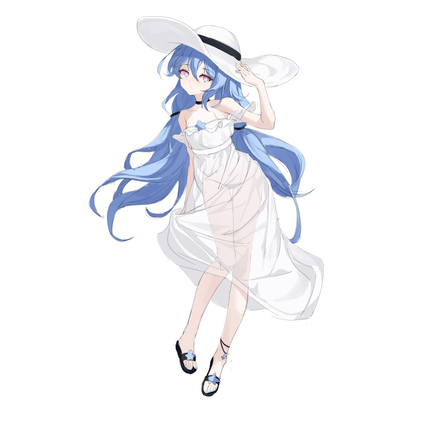 1girl absurdres blue_eyes blue_hair choker dress full_body hat highres long_hair low_twintails original pink_eyes sandals see-through simple_background solo sun_hat twintails white_background white_dress yume_(454565427)