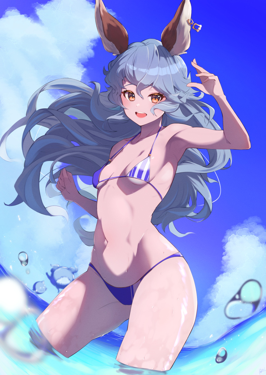 1girl absurdres animal_ears arm_up armpits bare_shoulders bikini blue_bikini blue_hair blue_sky blue_swimsuit blush breasts cloud collarbone earrings erune ferry_(granblue_fantasy) granblue_fantasy highres inuinuo_gataken jewelry long_hair looking_at_viewer navel ocean open_mouth orange_eyes shiny shiny_skin sky small_breasts solo stomach sunlight swimsuit thighs toned wet wolf_ears