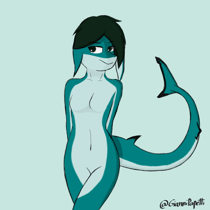 anthro blacktip_shark breasts carcharhinus featureless_breasts featureless_crotch female fish giannipapetti green_eyes green_hair hair hi_res looking_aside marine multicolored_body nude piper_(giannipapetti) requiem_shark scalie shark signature simple_background smile smirk solo teal_body