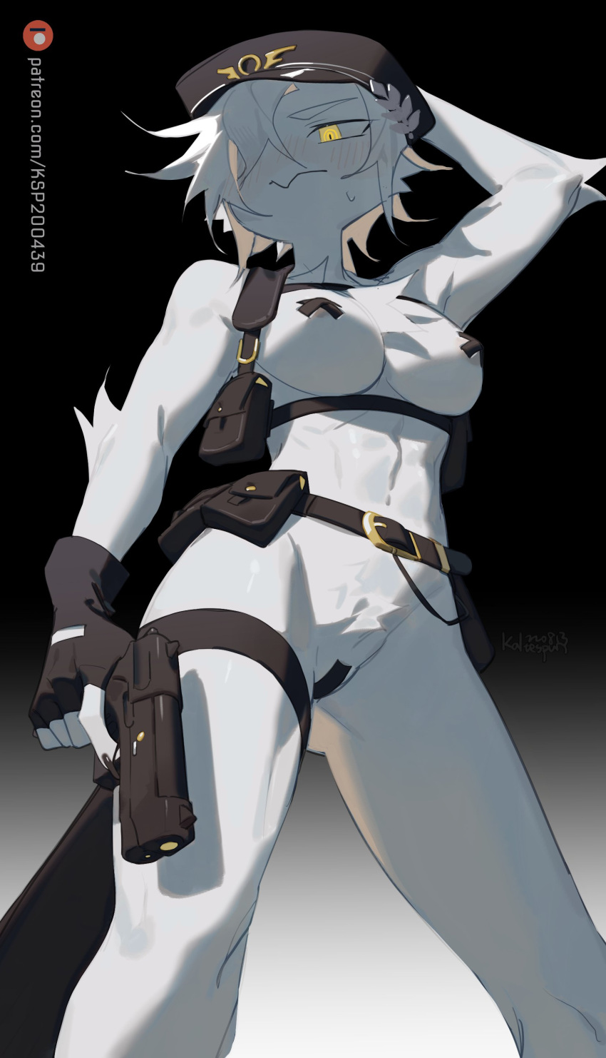 absurd_res anthro areola avian bent_arm biped blush breasts clothed clothing covered_nipples covered_pussy female gun handgun hi_res looking_at_viewer looking_down_at_viewer non-mammal_breasts pistol pouches ranged_weapon royluna signature skimpy solo solo_focus tape text url weapon white_body yellow_eyes