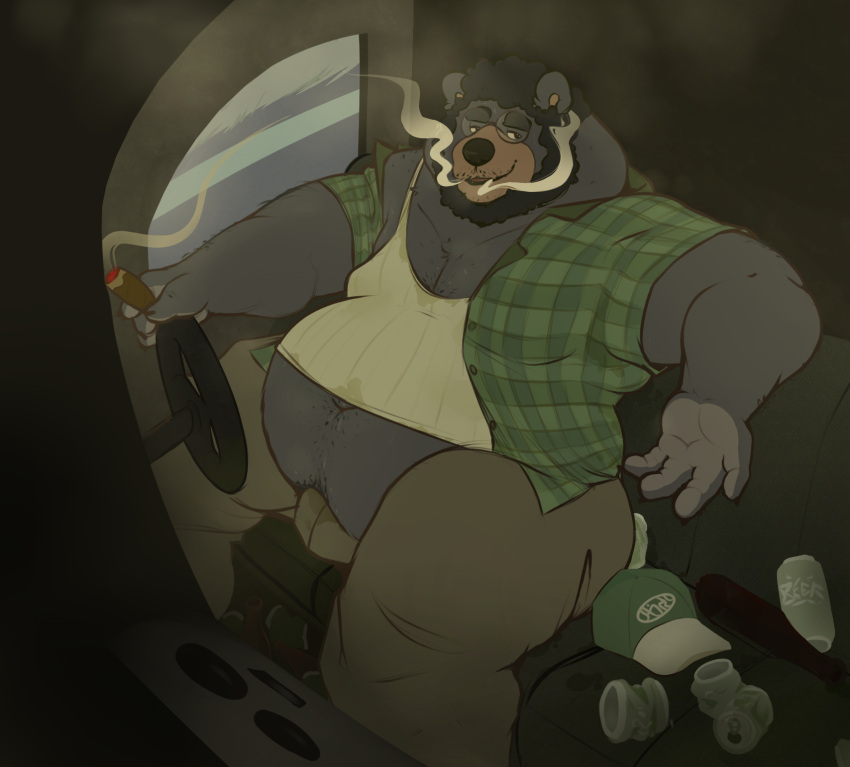 anthro bearwithabroom can cigar container dirty_clothing eyewear glasses hi_res ill_fitting_clothing male mammal overweight overweight_male smoking solo steve_jovonovich sweat_stain trucker ursid