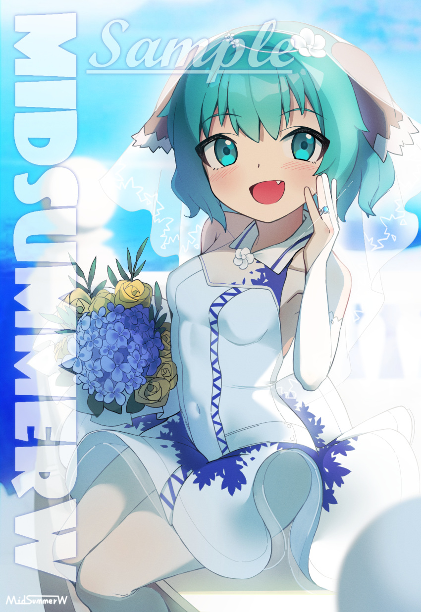 1girl :d animal_ears artist_name bangs blue_background blue_flower bouquet dog_ears dress elbow_gloves fang flower gloves green_eyes green_hair highres holding holding_bouquet kasodani_kyouko looking_at_viewer midsummerw navel open_mouth partially_fingerless_gloves sample_watermark short_hair sitting smile solo touhou wedding wedding_dress white_dress white_gloves