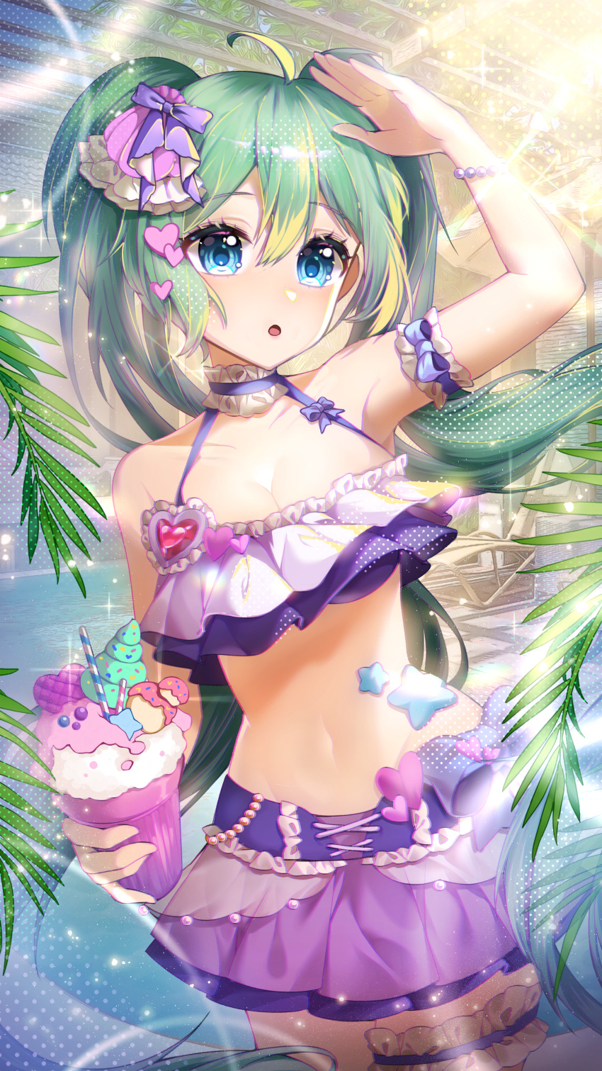 1girl :o absurdres ahoge alternate_eye_color aqua_hair bikini blue_eyes breasts cleavage cowboy_shot floating_hair flower food frilled_bikini frills hair_between_eyes halter_top halterneck hand_up hando_2020 hatsune_miku highres ice_cream long_hair looking_at_viewer medium_breasts navel open_mouth outstretched_arm shell_hair_ornament sideboob skirt swimsuit twintails very_long_hair vocaloid water